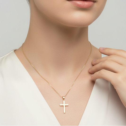 14K Yellow Gold Cross Pendant & 17.5" Box Chain