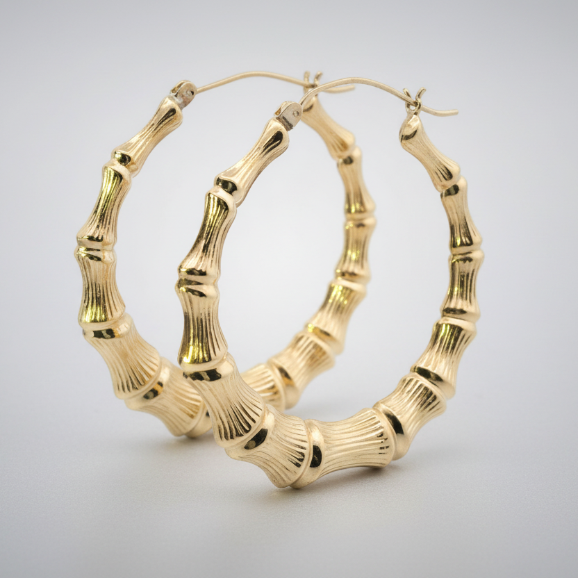 10K Yellow Gold Bamboo Hoop Earrings
