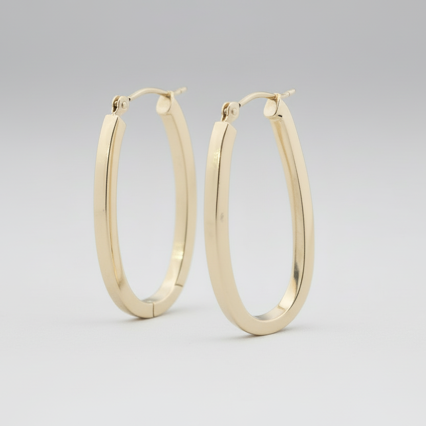14K Yellow Gold Oblong Hoop Earrings