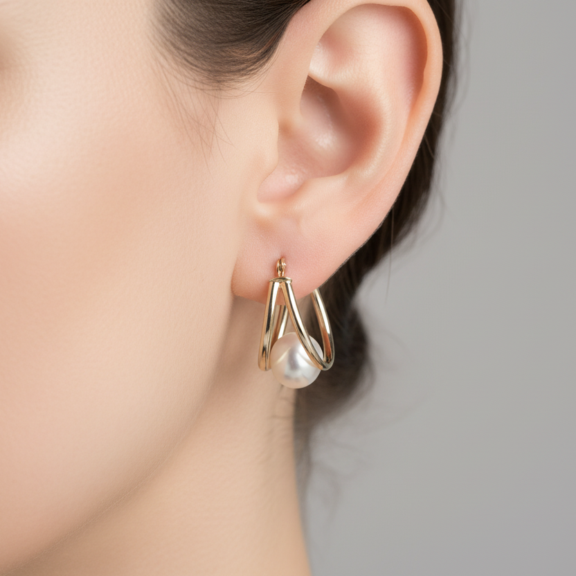 14K Yellow Gold Pearl Double Hoop Earrings