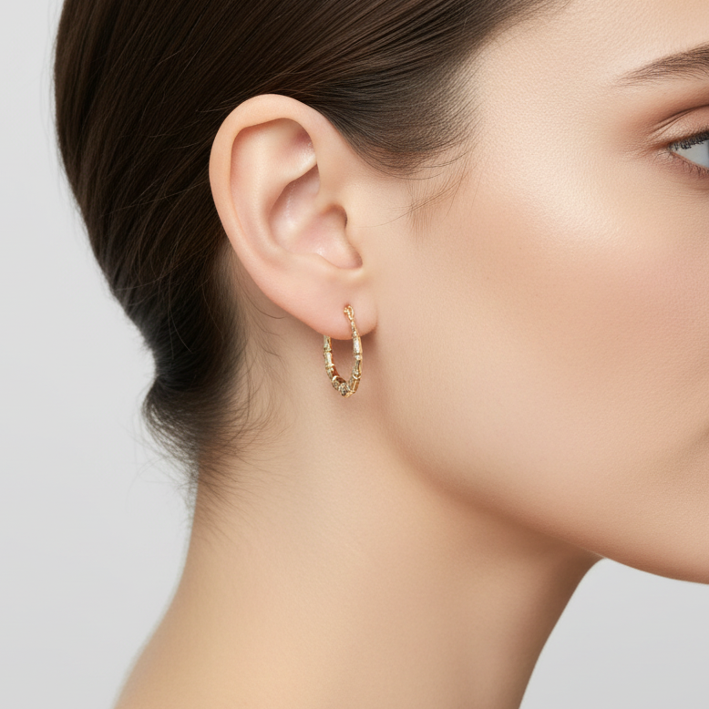 14K Yellow Gold Bamboo Hoop Earrings