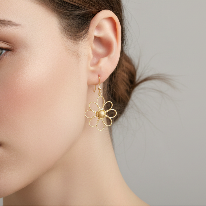 14K Yellow Gold Daisy Dangle Earrings