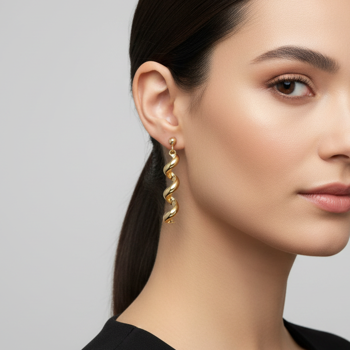 14K Yellow Gold Hollow Spiral Dangle Earrings