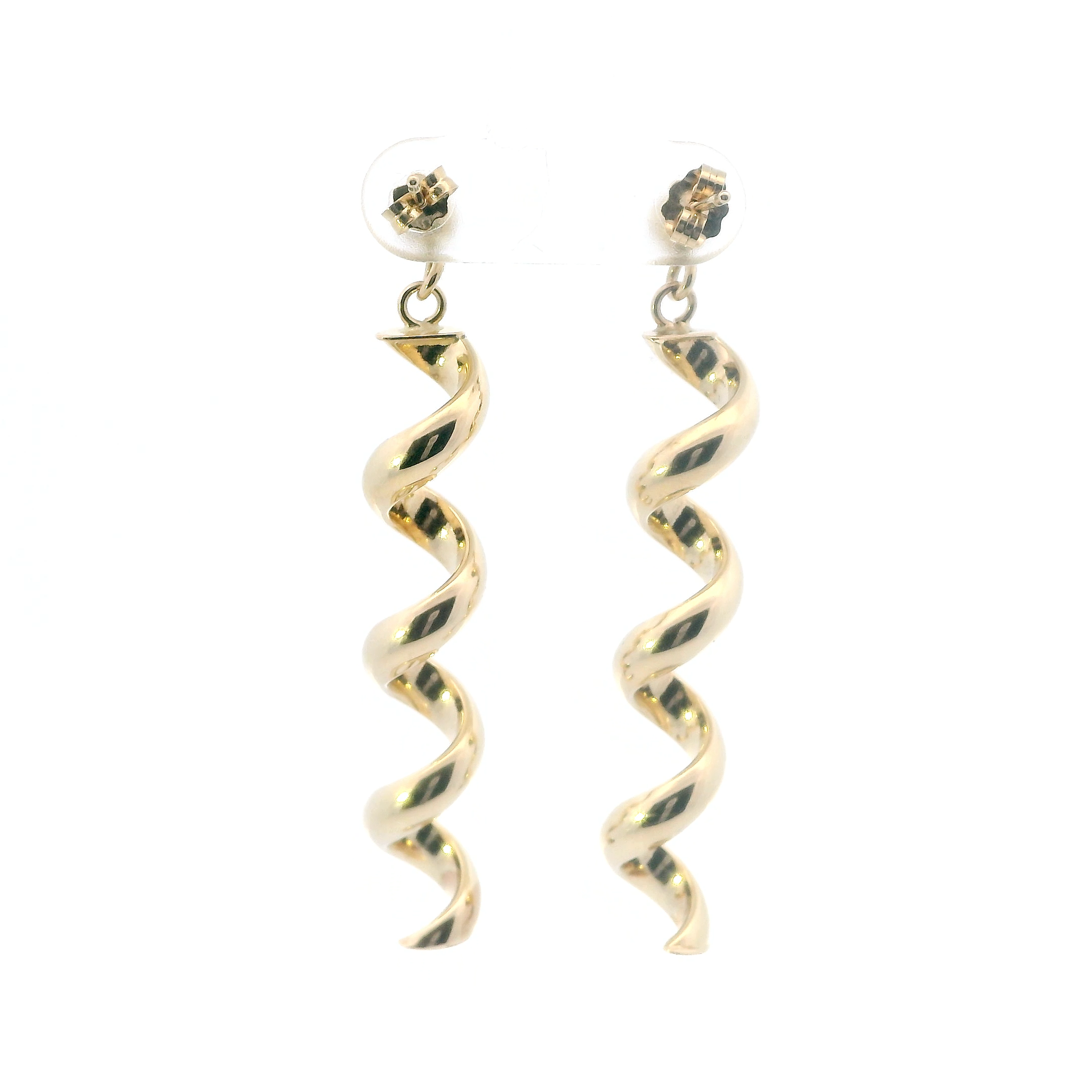 14K Yellow Gold Hollow Spiral Dangle Earrings