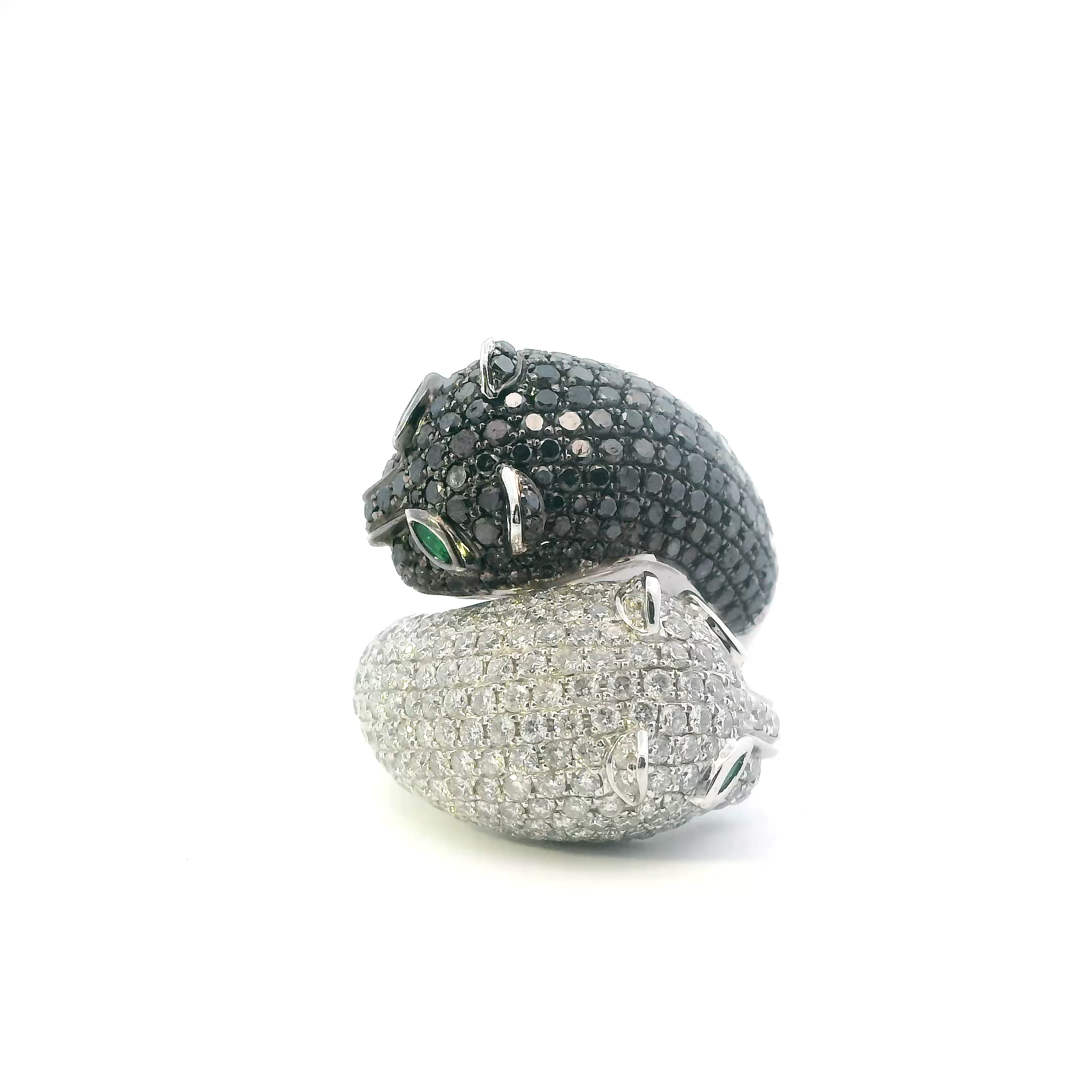 14K White Gold Black Diamonds & Emerald Double Panther Wrap Womens Ring - 5.31ct