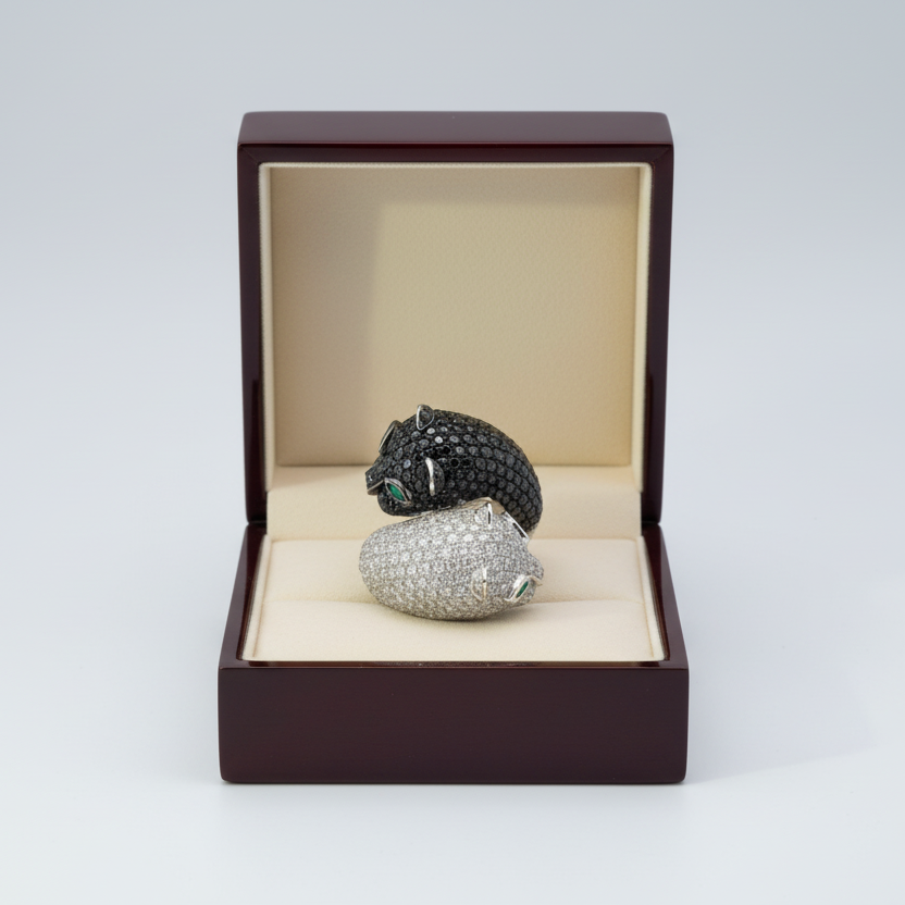 14K White Gold Black Diamonds & Emerald Double Panther Wrap Womens Ring - 5.31ct