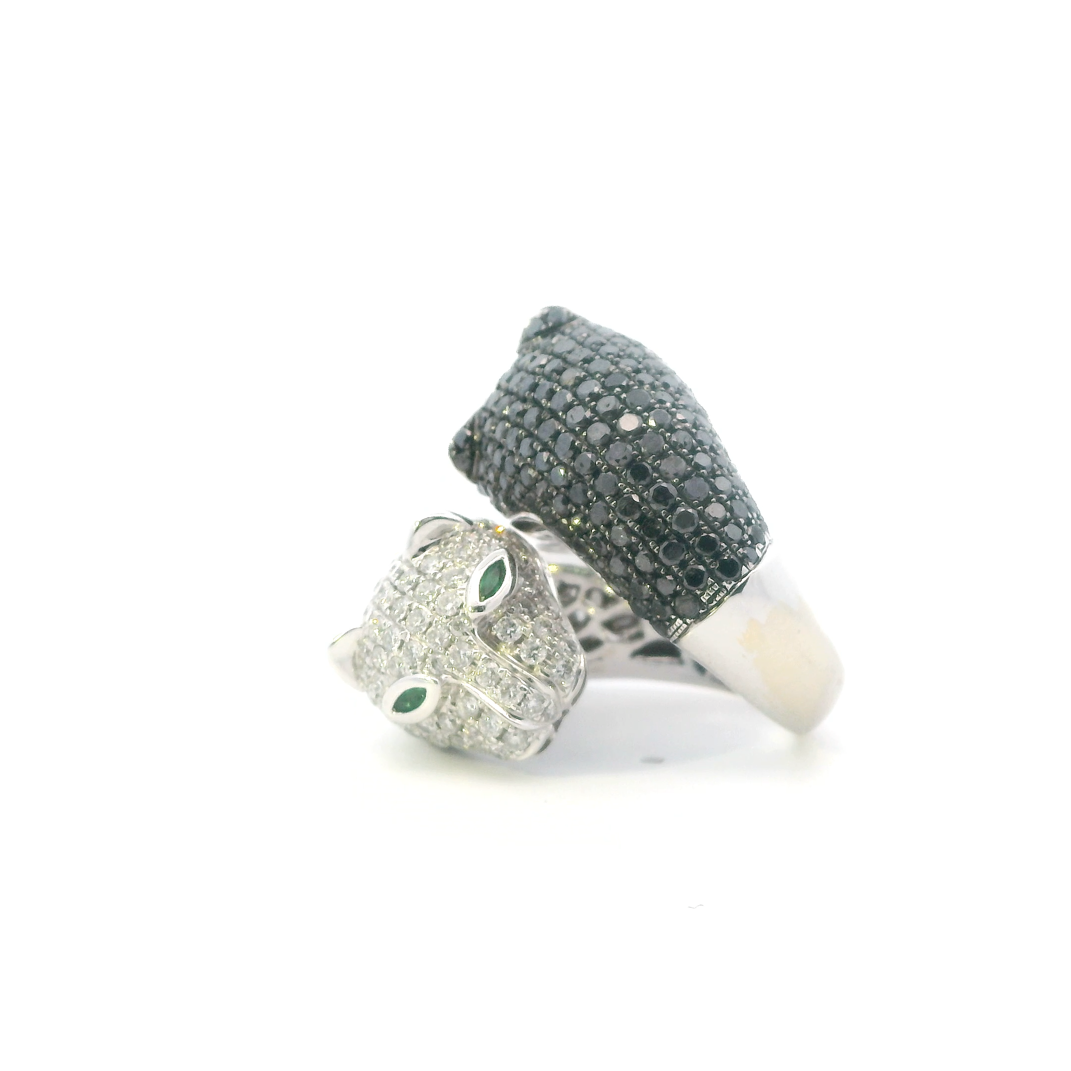 14K White Gold Black Diamonds & Emerald Double Panther Wrap Womens Ring - 5.31ct
