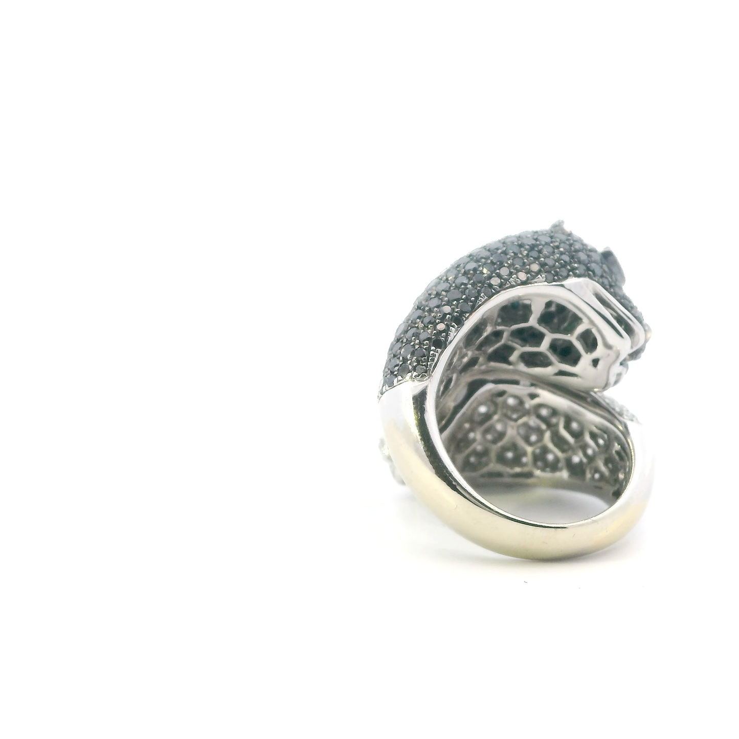 14K White Gold Black Diamonds & Emerald Double Panther Wrap Womens Ring - 5.31ct