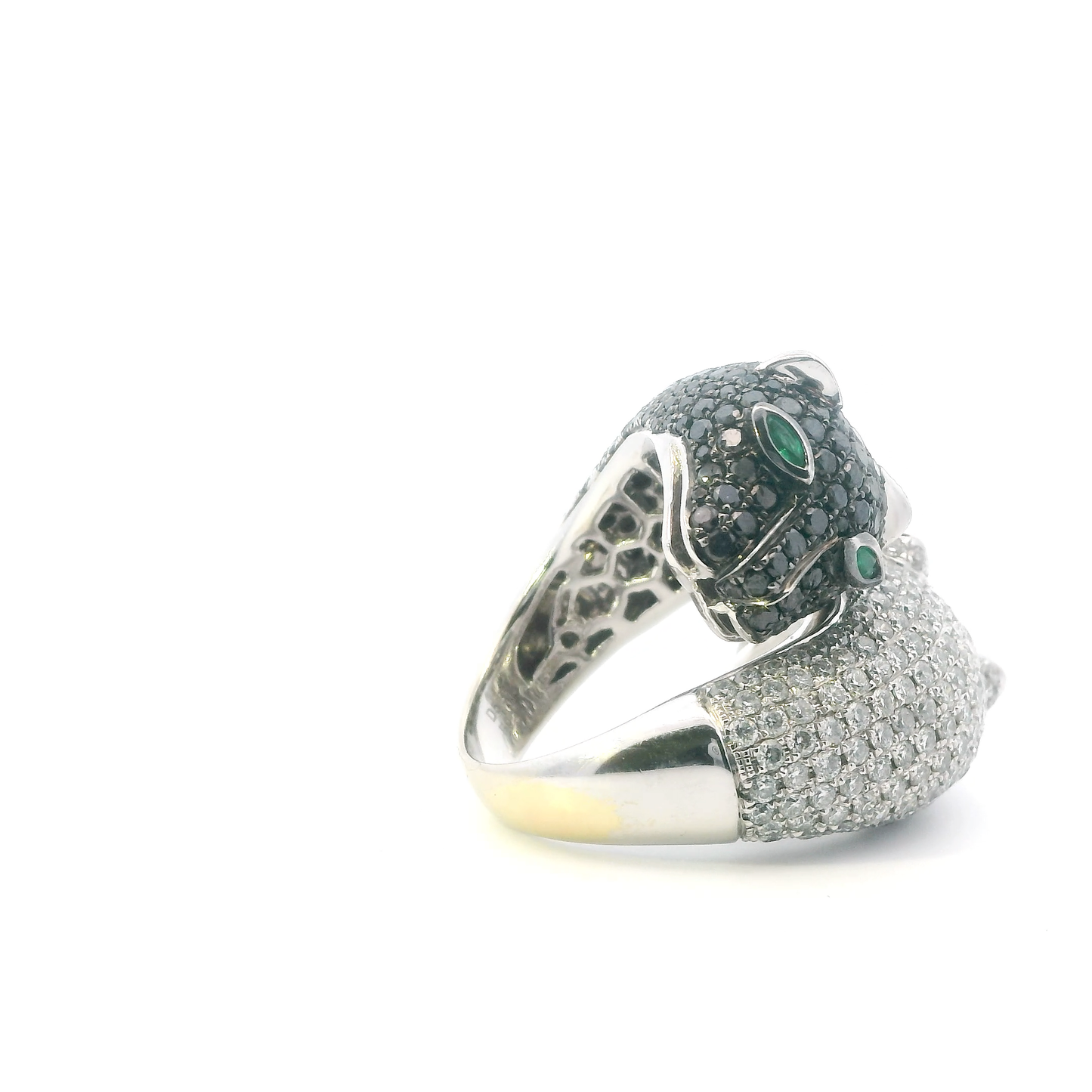 14K White Gold Black Diamonds & Emerald Double Panther Wrap Womens Ring - 5.31ct