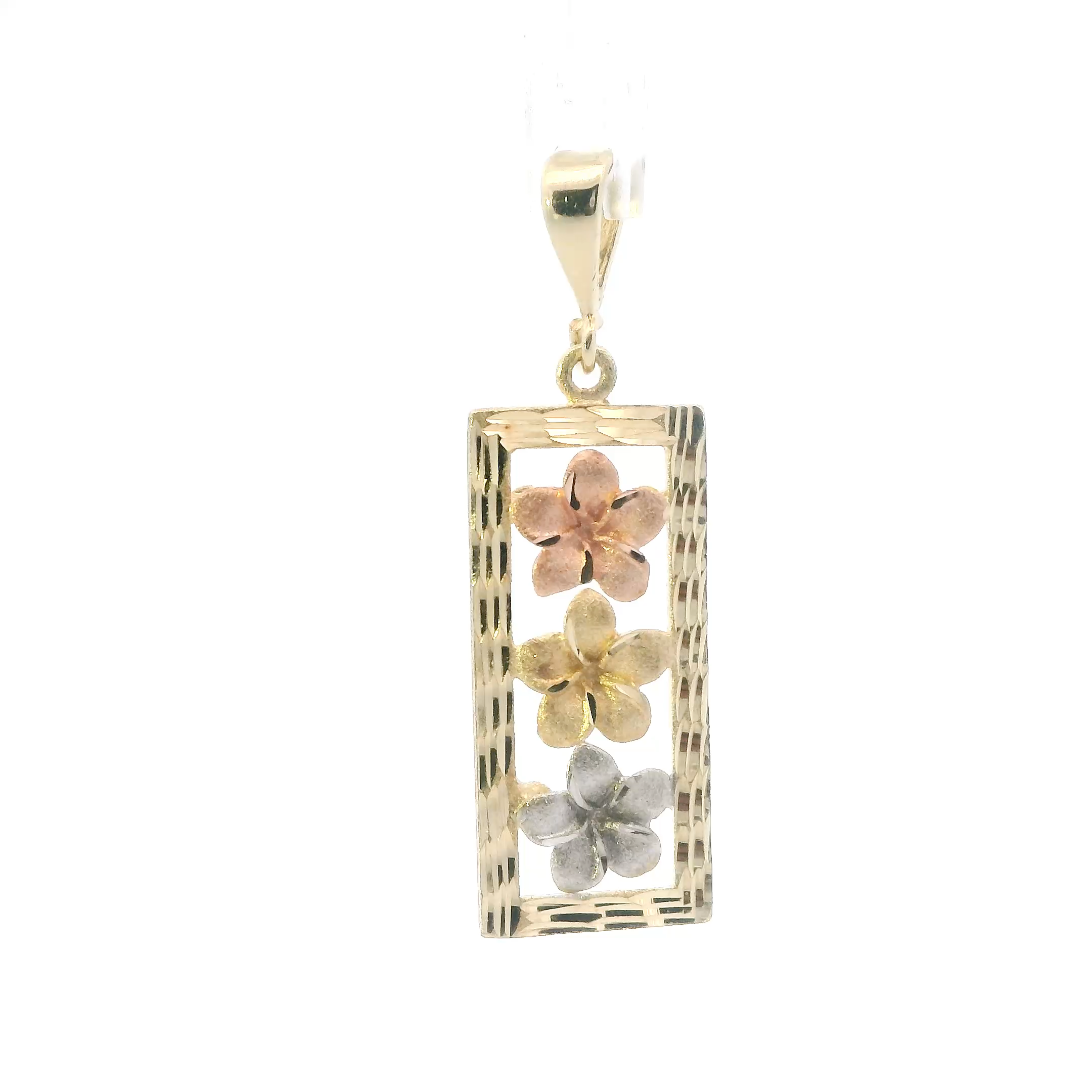 14K Tri Color Plumeria Flower Rectangle Pendant