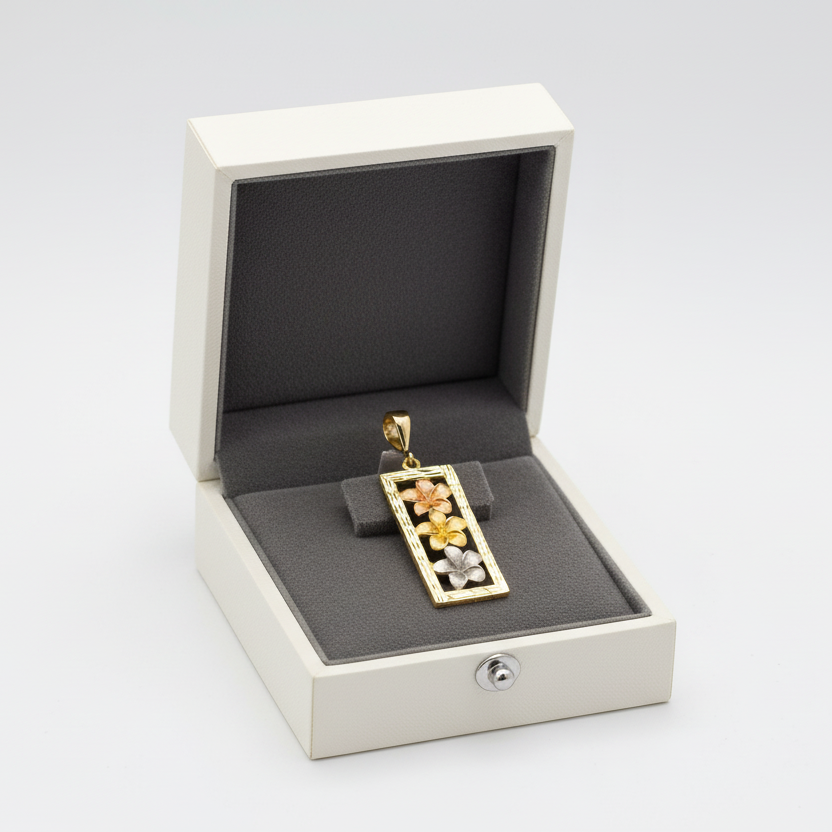 14K Tri Color Plumeria Flower Rectangle Pendant