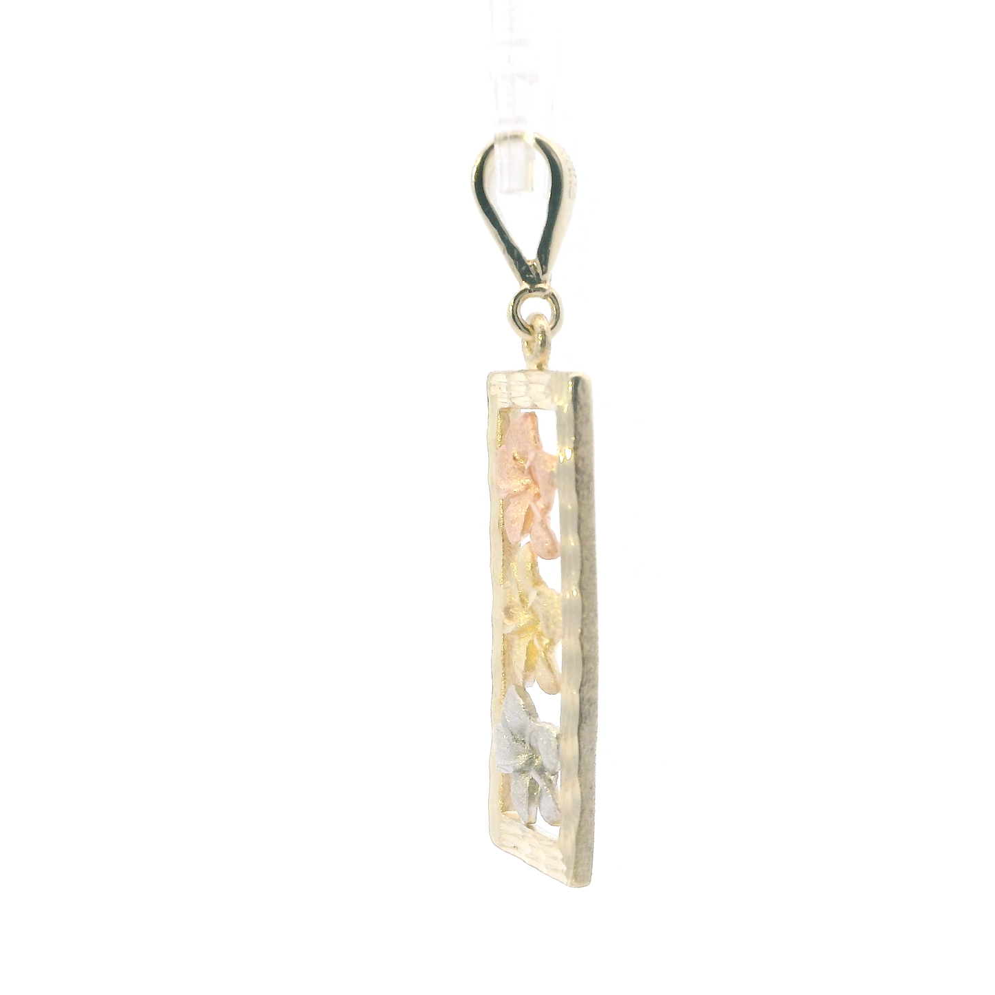14K Tri Color Plumeria Flower Rectangle Pendant