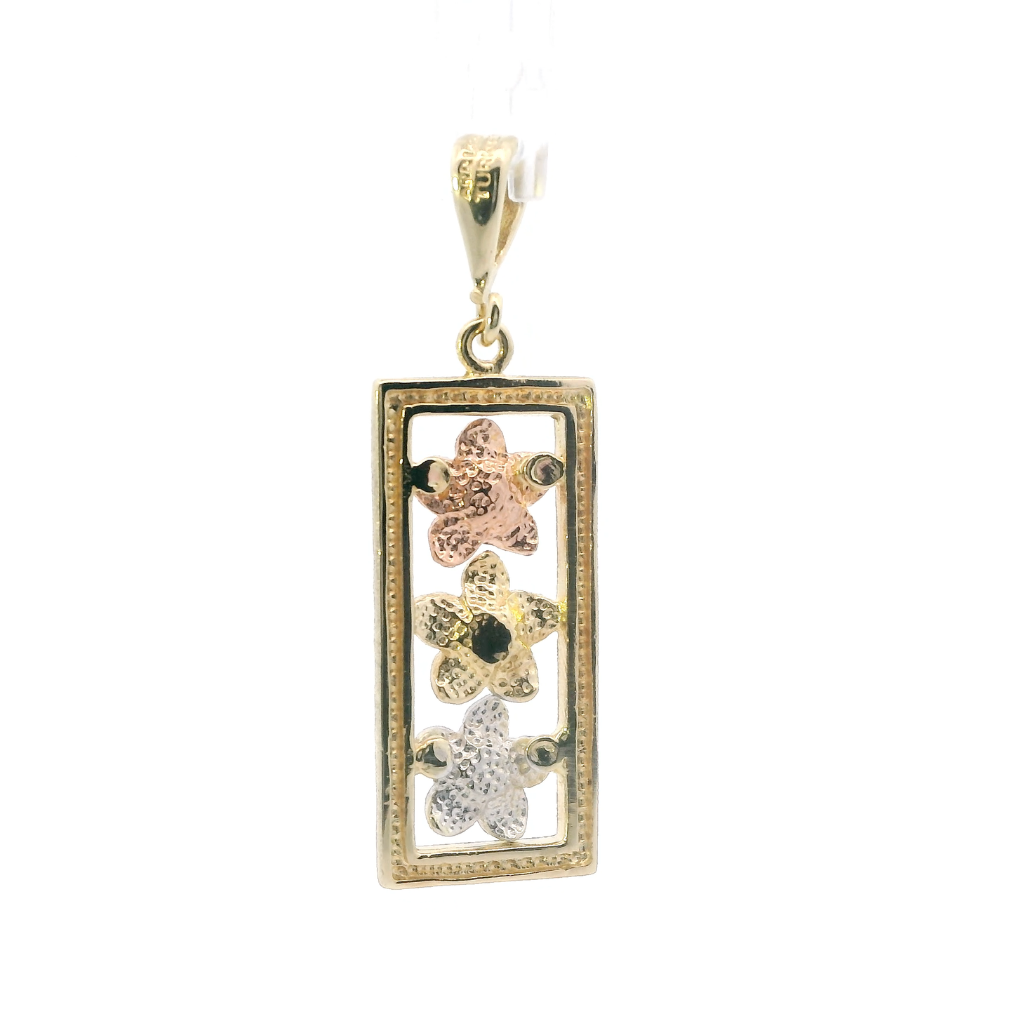 14K Tri Color Plumeria Flower Rectangle Pendant
