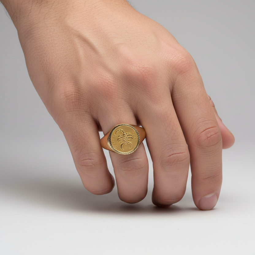 14K Yellow Gold Round "Escorpion" Mens Ring