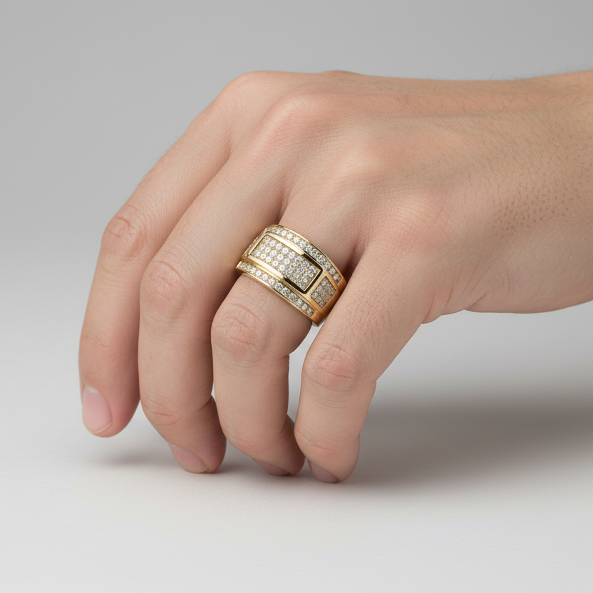 10K Yellow Gold Diamonds Mens Ring - 0.91ct