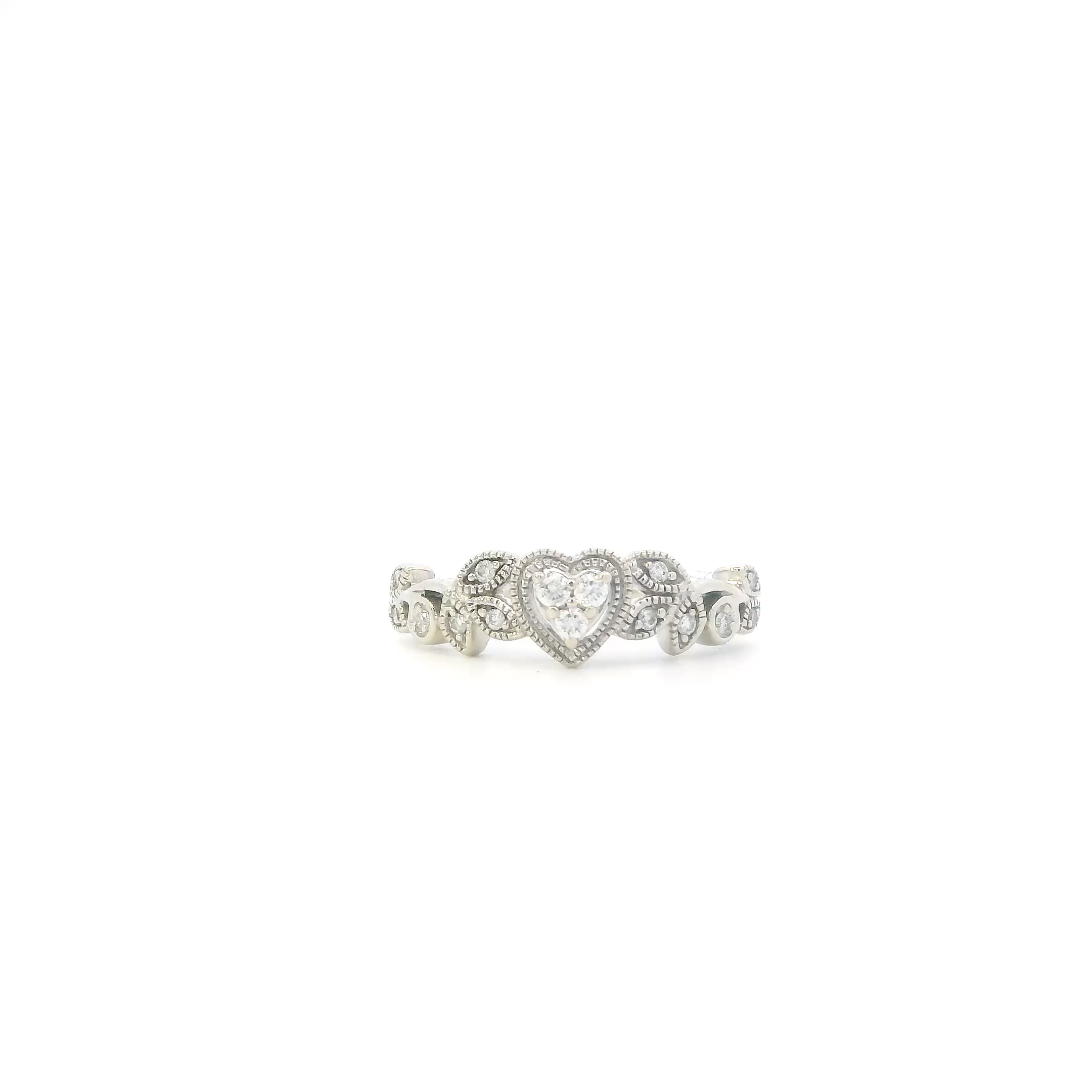 14K White Gold Diamonds Heart & Leaves Womens Ring - 0.09ct