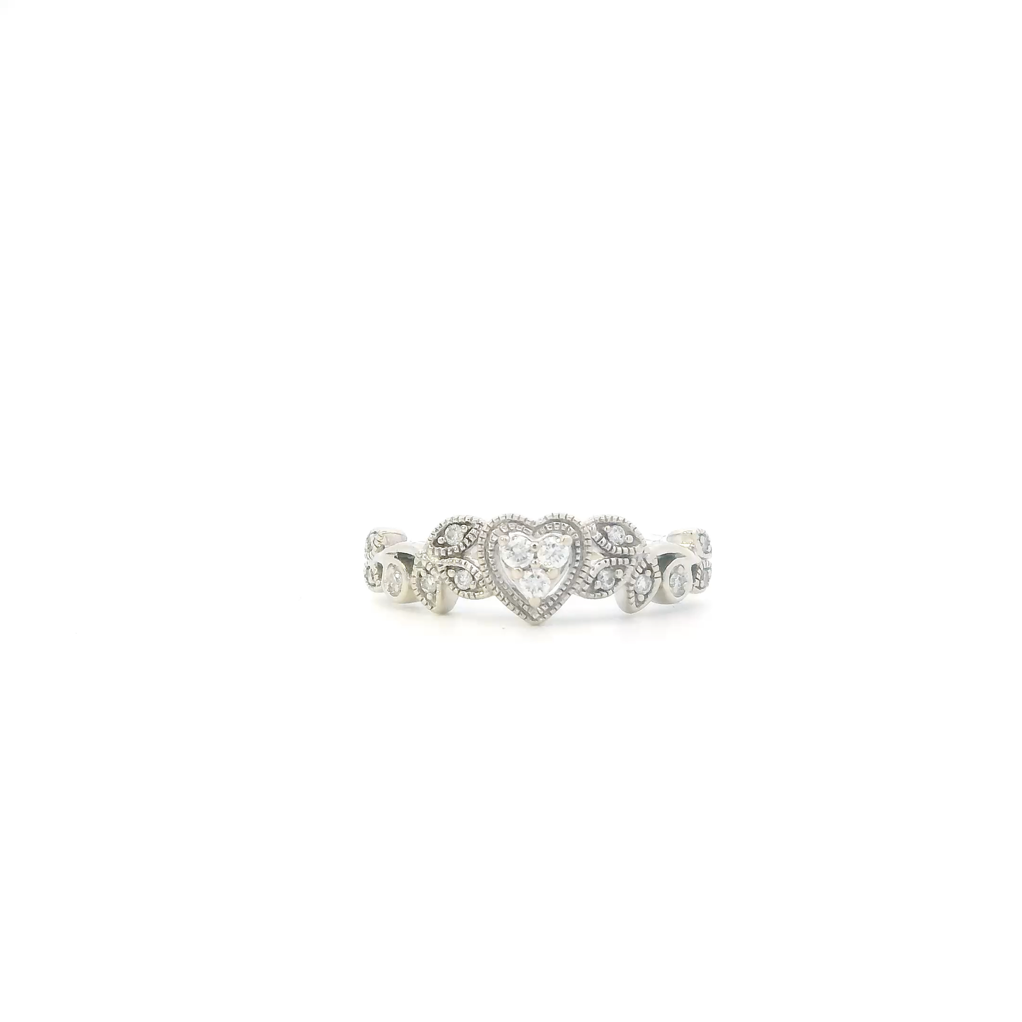 14K White Gold Diamonds Heart & Leaves Womens Ring - 0.09ct