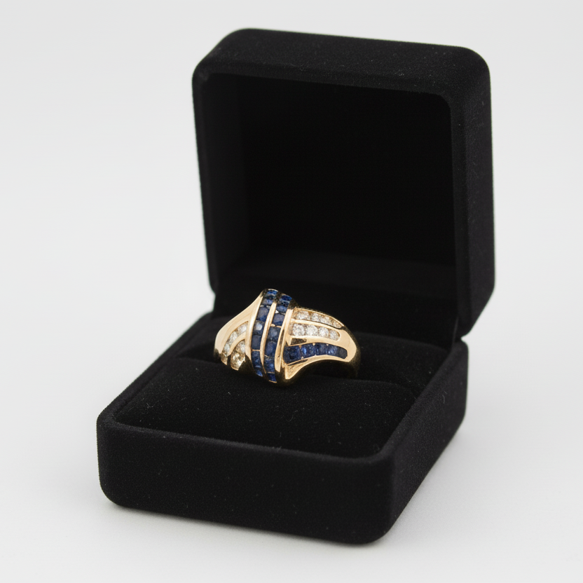 14K Yellow Gold Blue Sapphire & Diamonds Womens Ring - 0.18ct