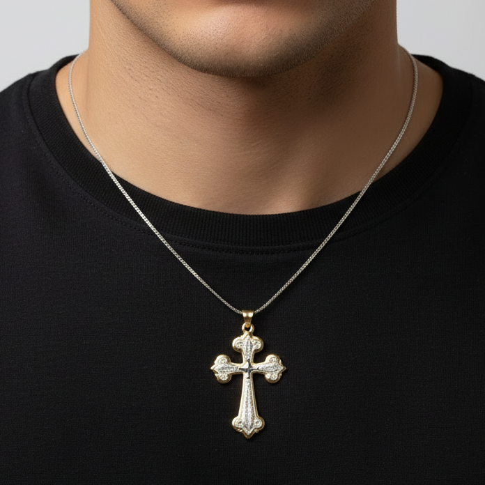 14K Yellow & White Gold Hollow Cross Pendant W/ Prayer On Back