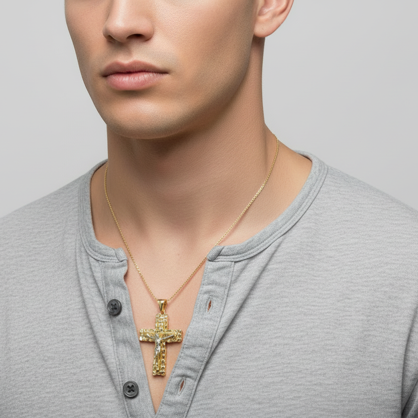 10K Yellow Gold Nugget Crucifix Pendant