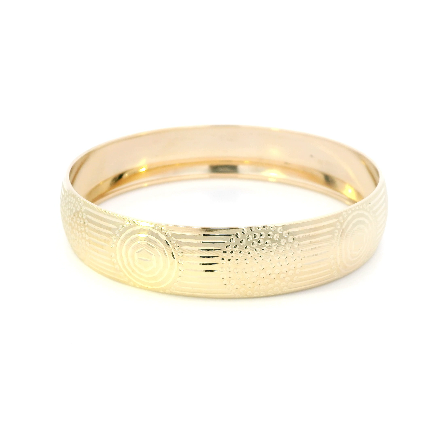 14K Yellow Gold Circle & Stripe Design Bangle Bracelet