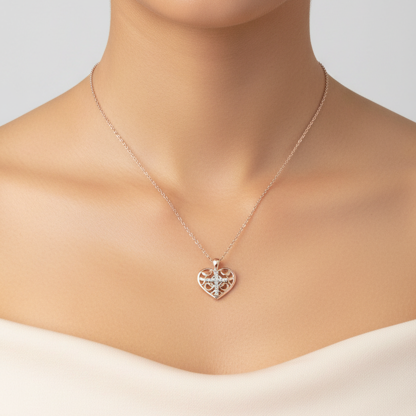 10K/14K Rose Gold Filigree Heart Pendant & 18" Singapore Chain