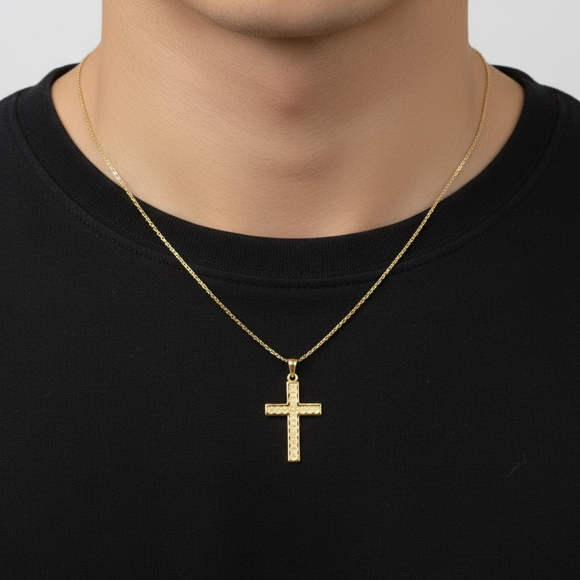14K Yellow Gold Diamond Cut Design Cross Pendant