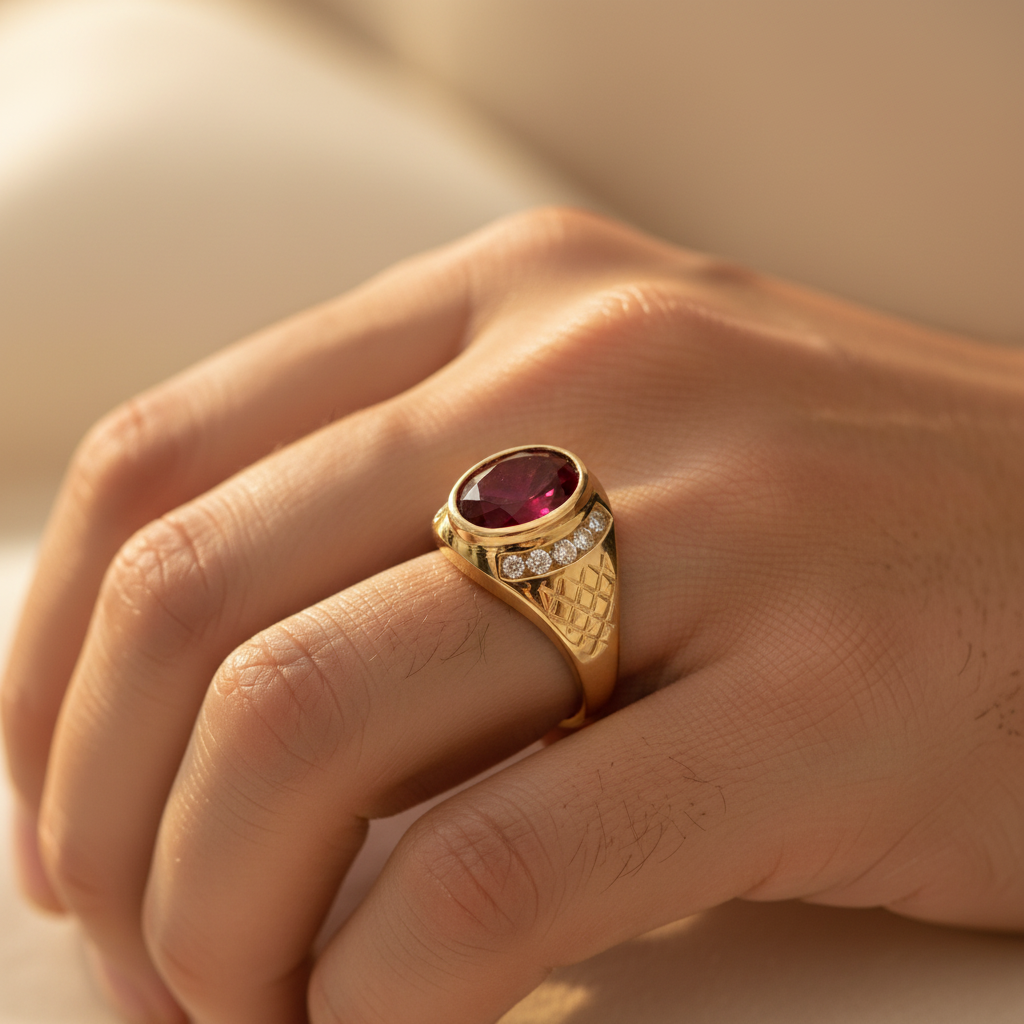 14K Yellow gold Synthetic Ruby Mens Ring
