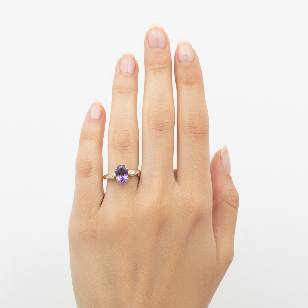 10K Yellow Gold Amethyst & Diamonds Womens Ring - 0.08ct