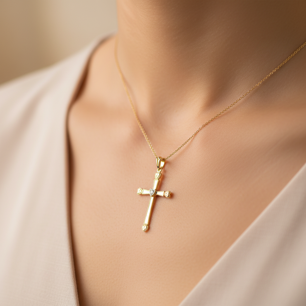 14K Yellow Gold Diamond Cross Pendant - 0.01ct