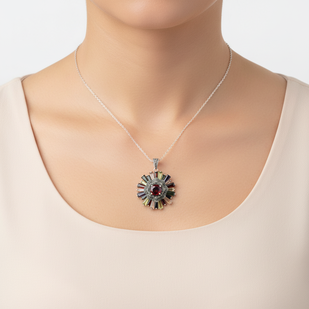 Sterling Silver Marcasite Multi Stone Round Pendant Flower Shape