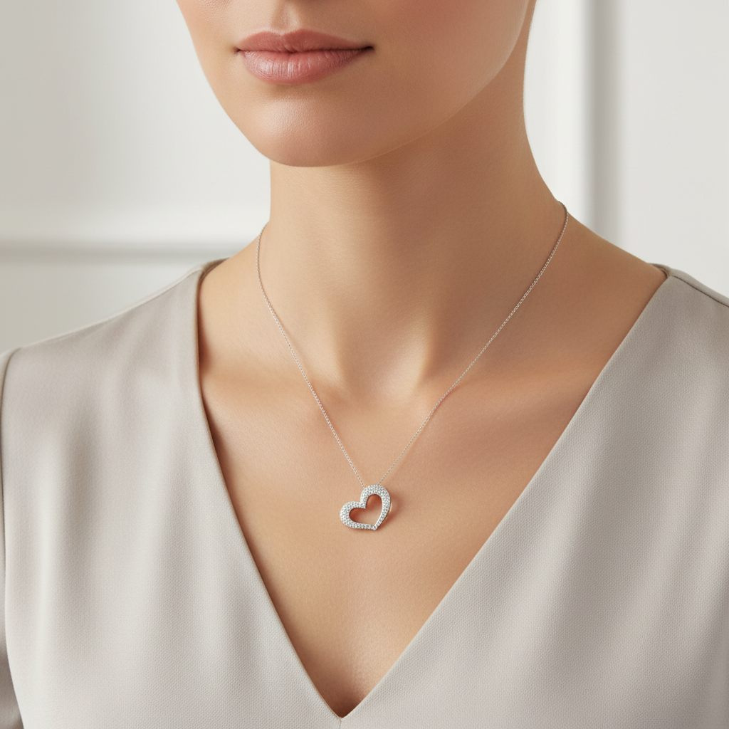 10K White Gold Diamonds Heart Pendant & 18