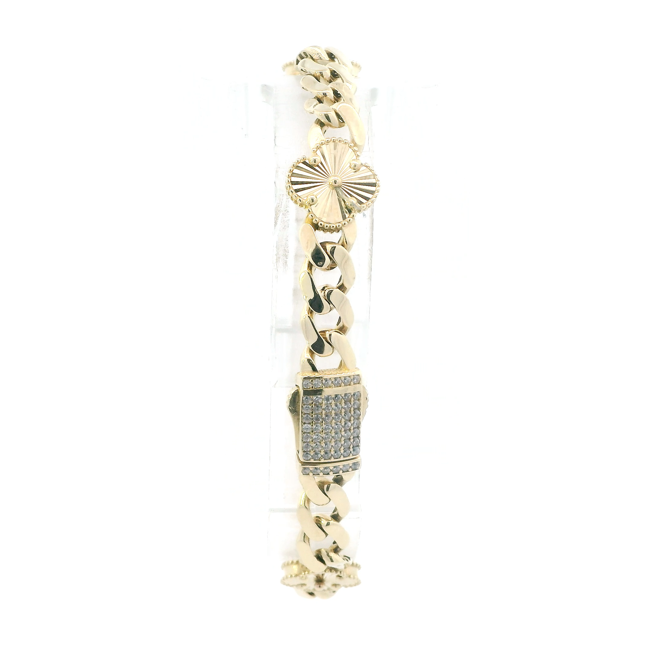14K Yellow Gold Clover Curb Link Bracelet
