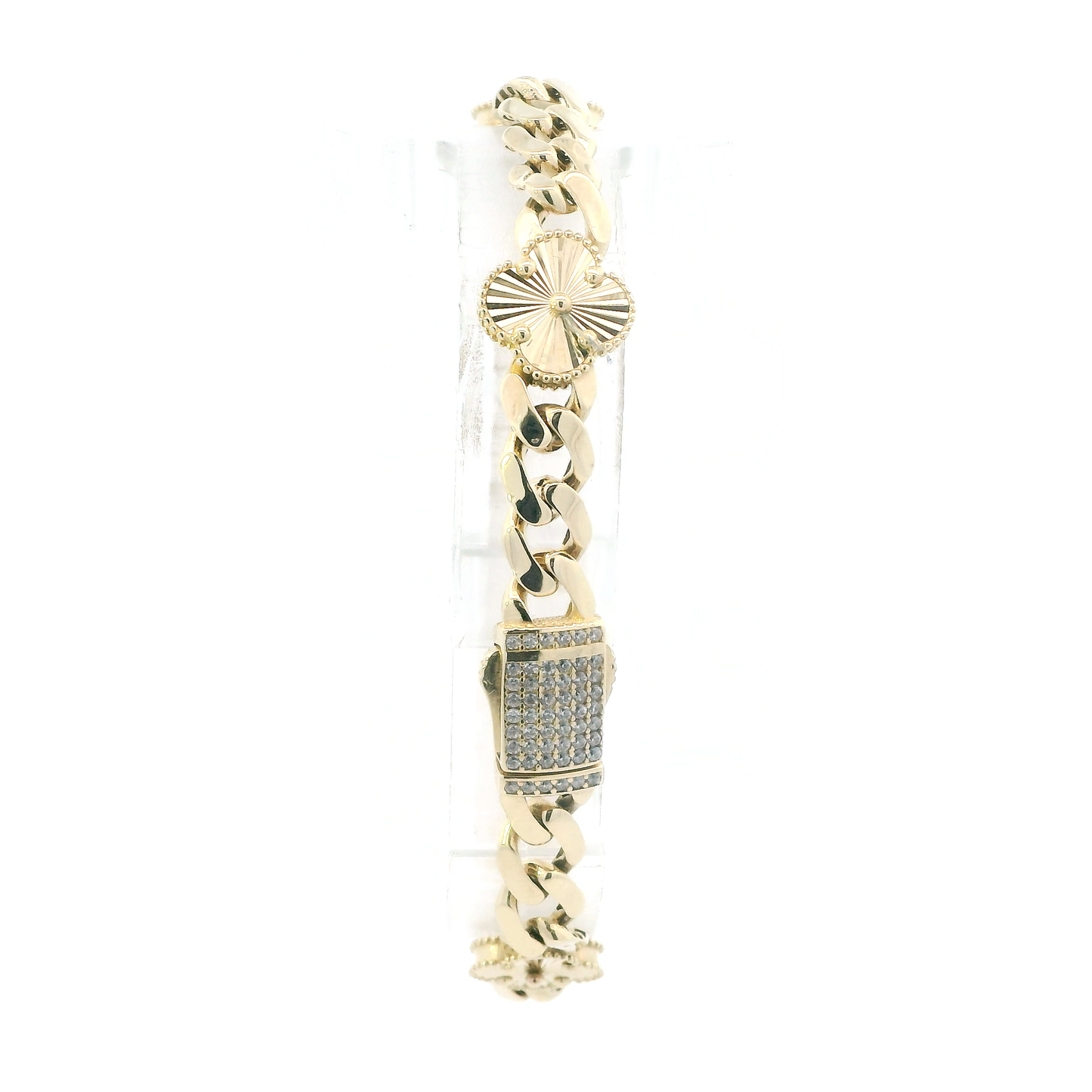 14K Yellow Gold Clover Curb Link Bracelet