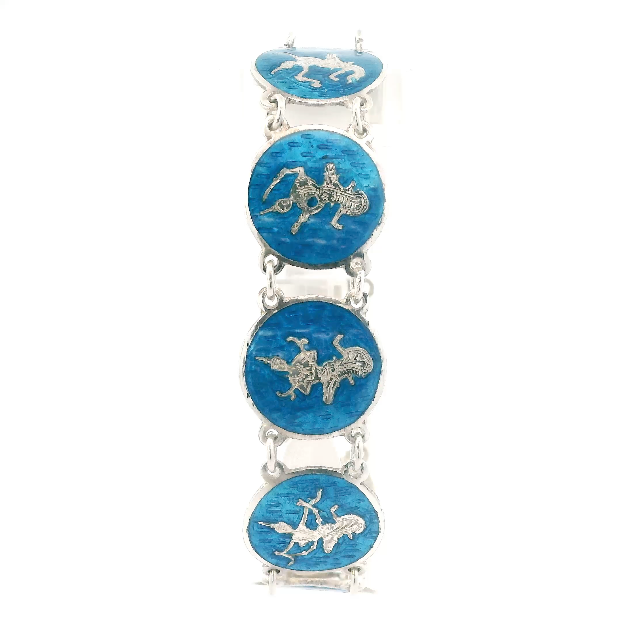 Sterling Silver Blue Enamel Niello Dancer Link Bracelet