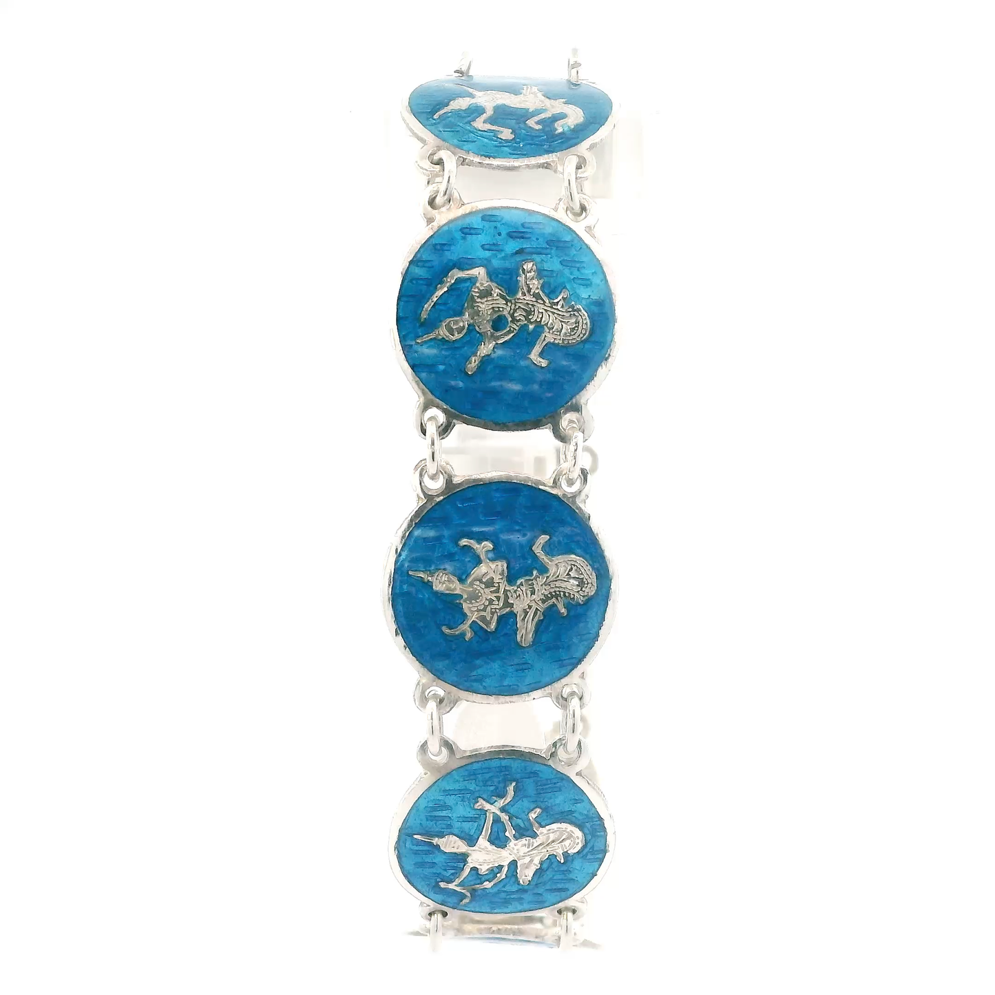 Sterling Silver Blue Enamel Niello Dancer Link Bracelet