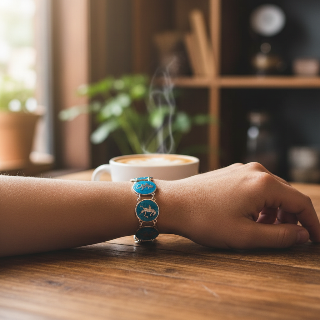 Sterling Silver Blue Enamel Niello Dancer Link Bracelet