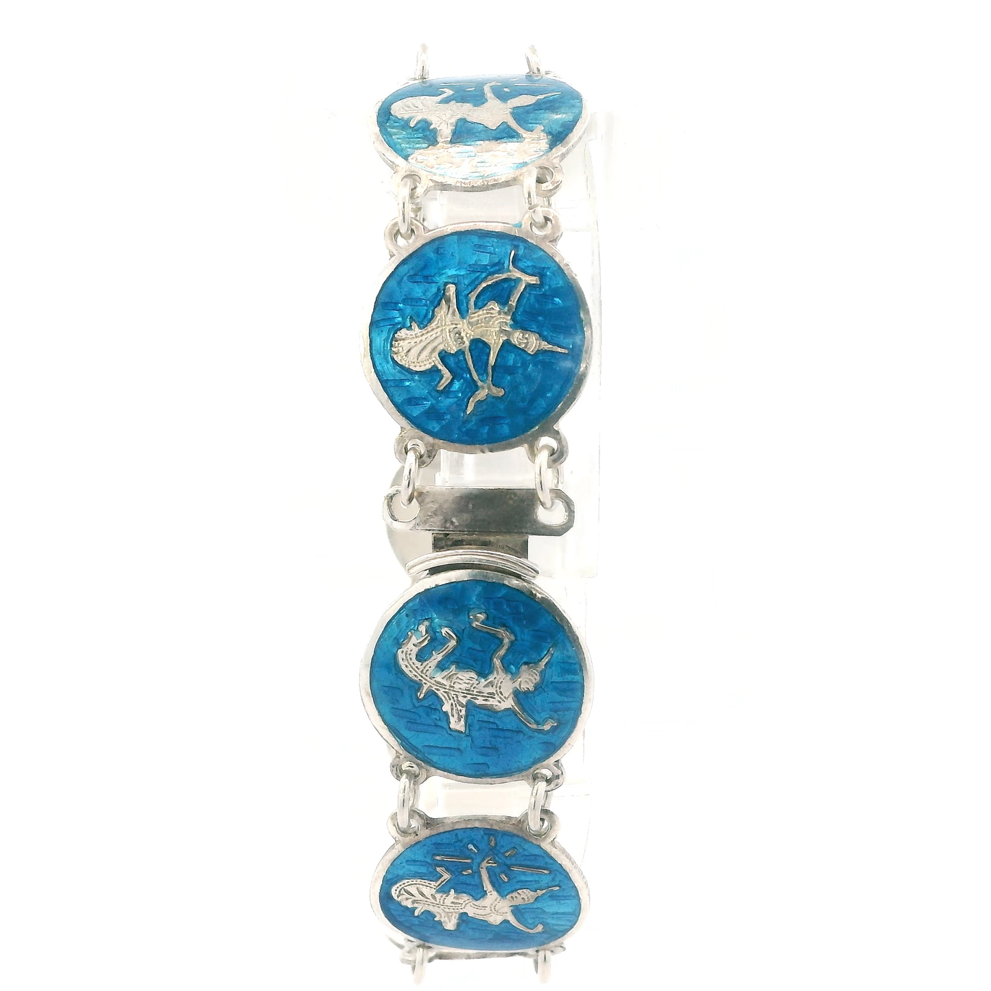 Sterling Silver Blue Enamel Niello Dancer Link Bracelet