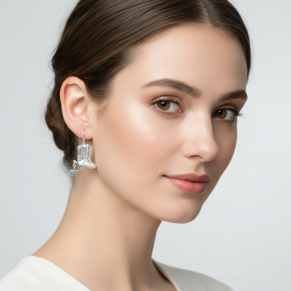 Sterling Silver Cowboy Boots Dangle Earrings