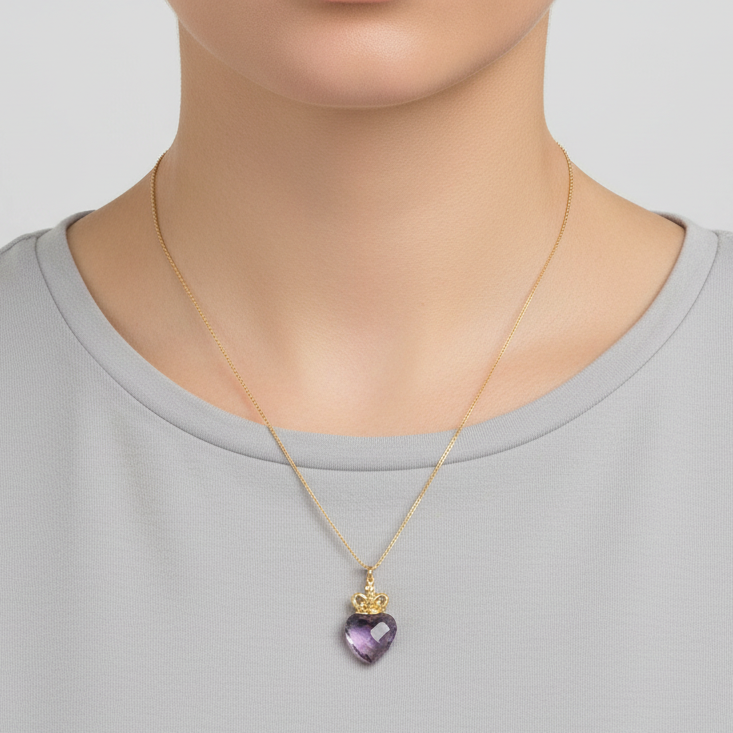 10K Yellow Gold Amethyst Heart & Crown Pendant