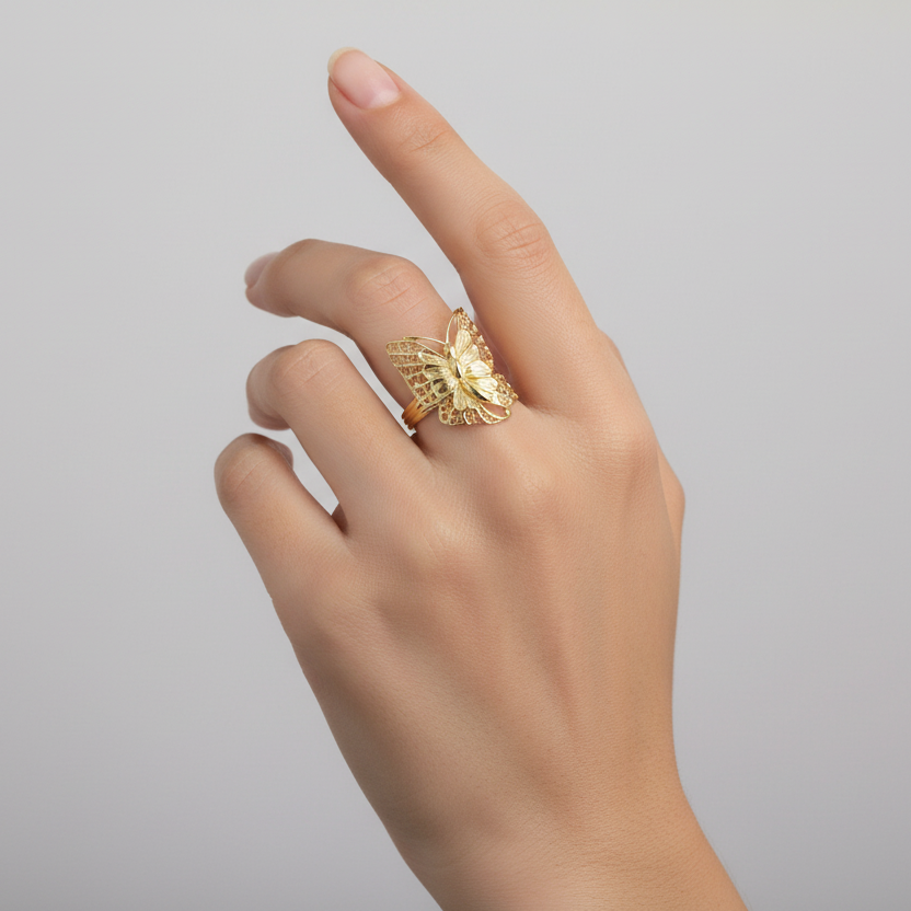 18K Yellow Gold Filigree Butterfly Womens Ring