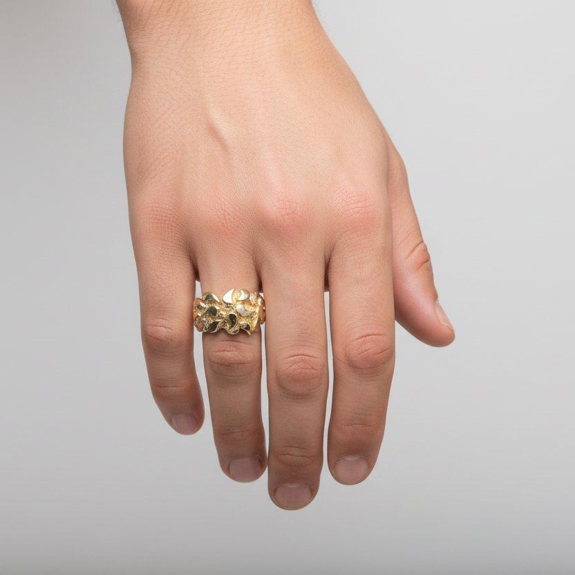 14K Yellow Gold Nugget Mens Ring