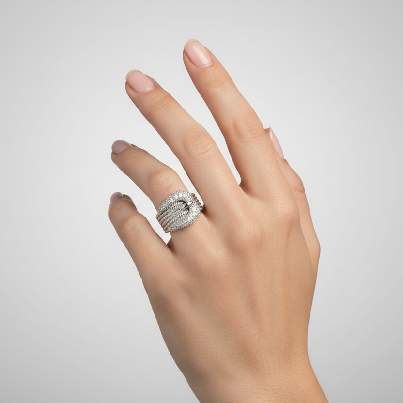 Sterling Silver CZ Textured Belt Buckle Womens Ring