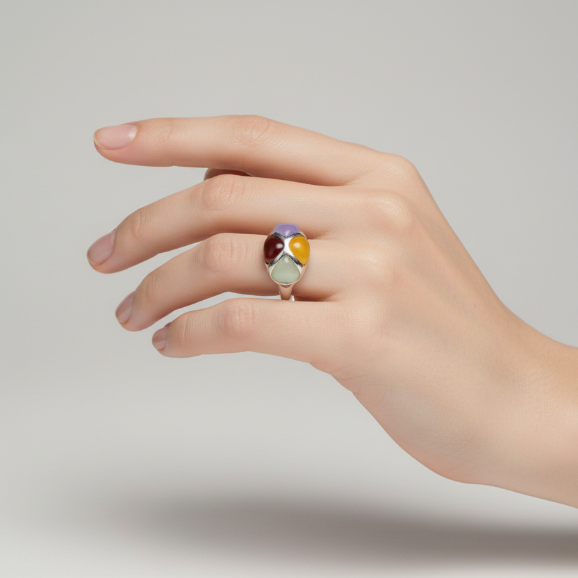 Sterling Silver Multi Color Jade Womens Ring