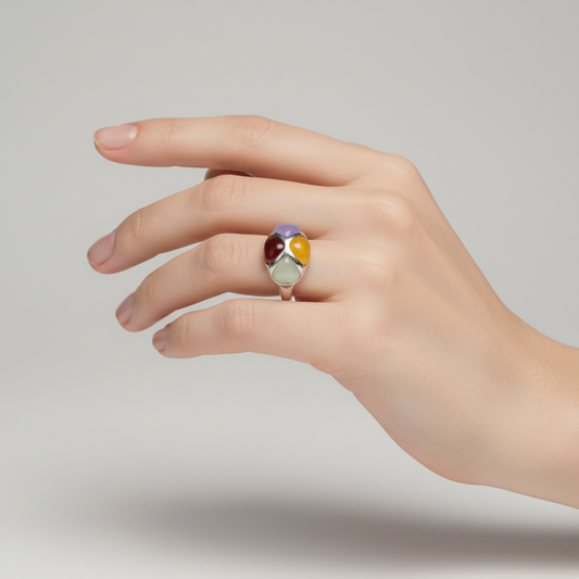 Sterling Silver Multi Color Jade Womens Ring