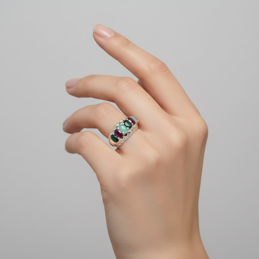 Sterling Silver Sapphire, Ruby & Chrysoprase Womens Ring