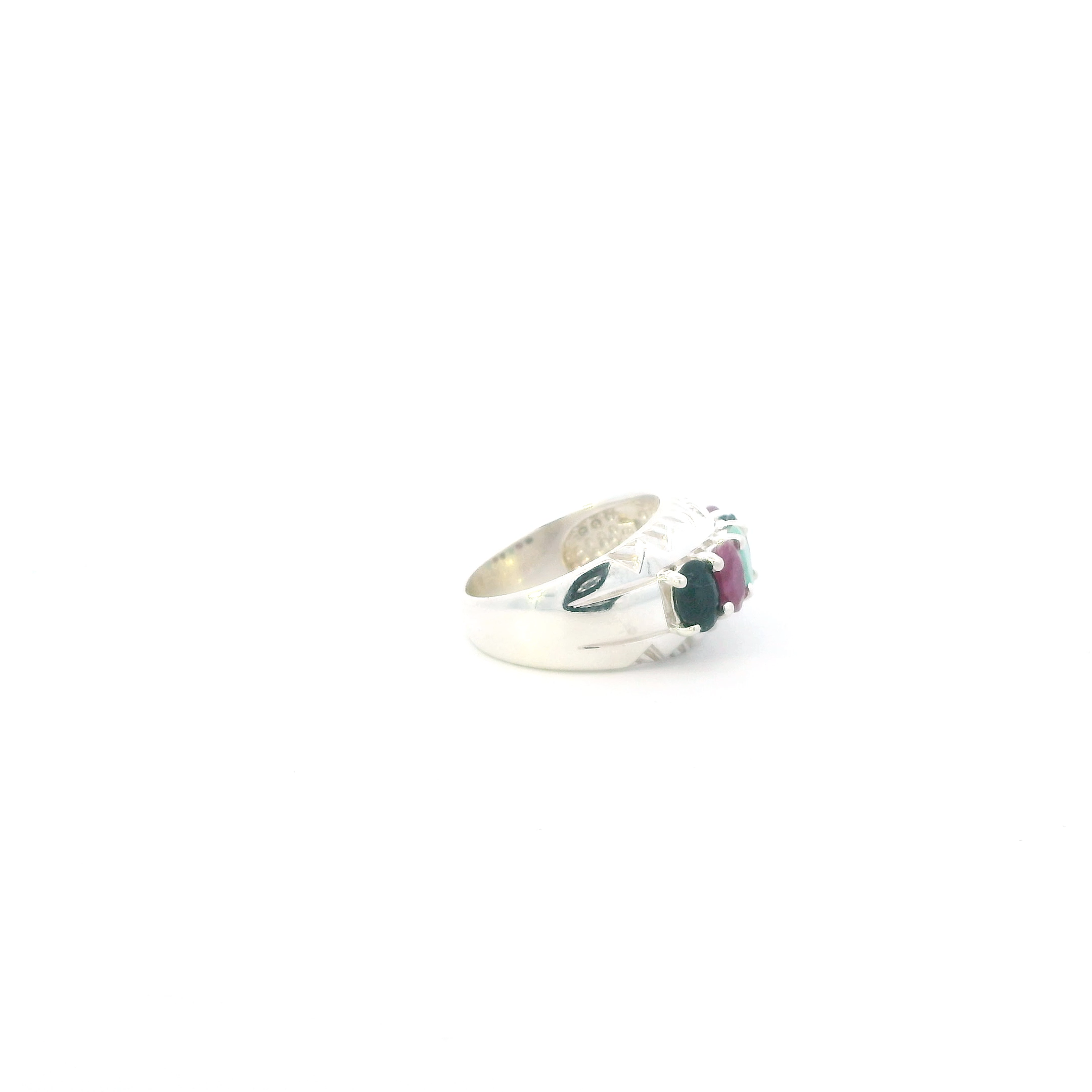 Sterling Silver Sapphire, Ruby & Chrysoprase Womens Ring