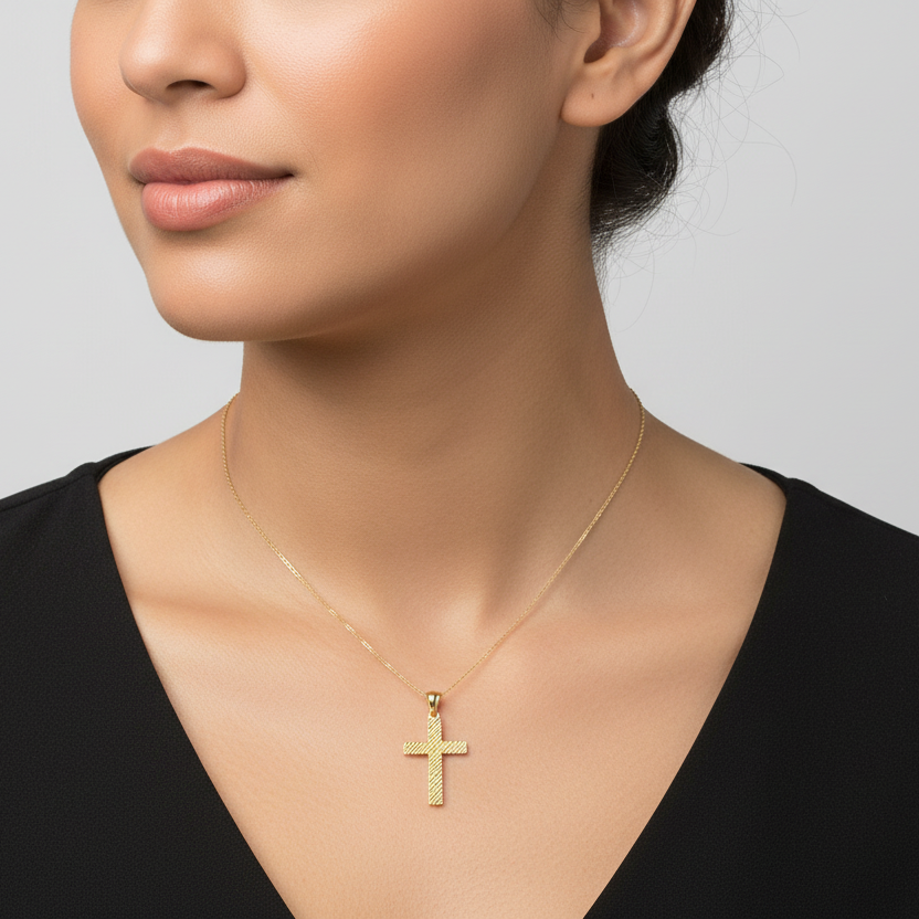 10K Yellow Gold Beaded Texture Cross Pendant