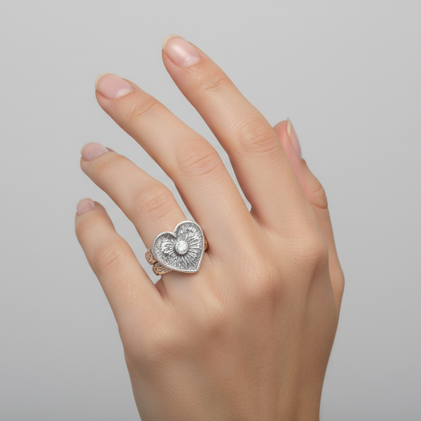 Sterling Silver Flaming Heart Womens Ring