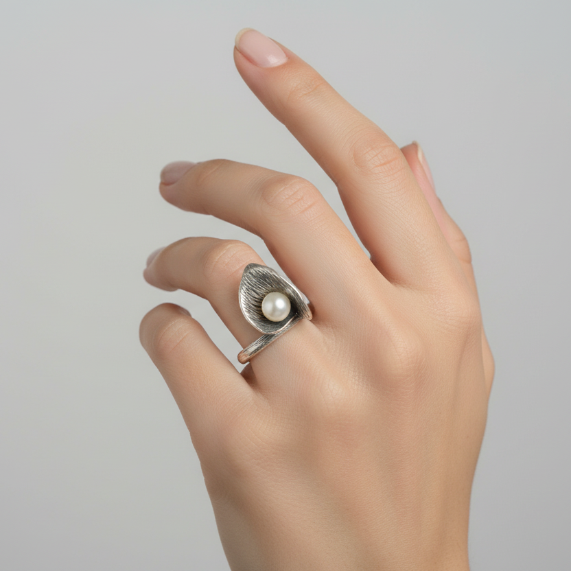 Sterling Silver Pearl In Leaf Design Womens Ring